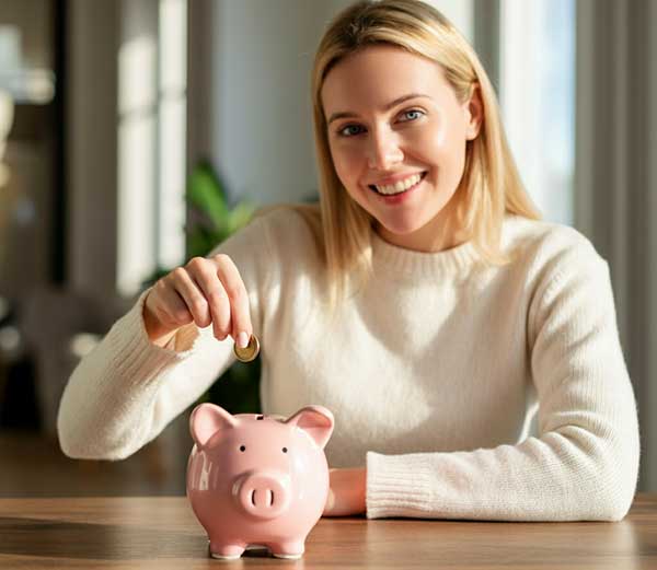 A blonde woman about to put a coin into a piggy bank - solar panels installation camarillo ca