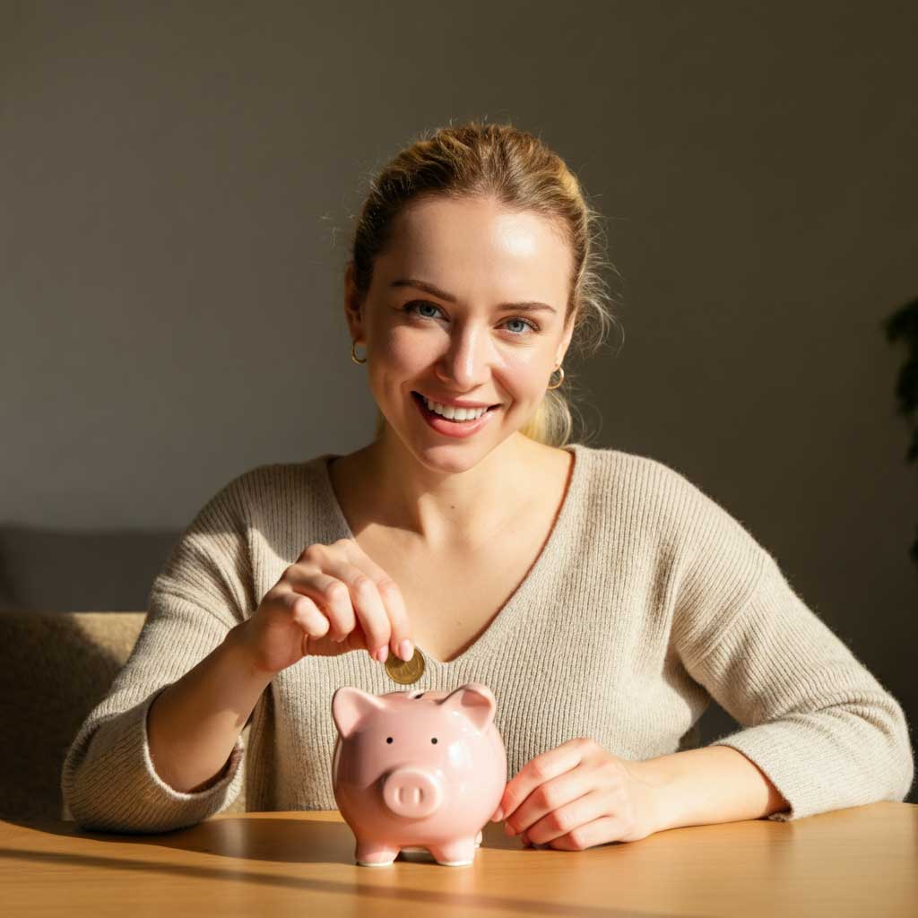 A woman placing a coin into her piggy bank - saving money with solar power company.