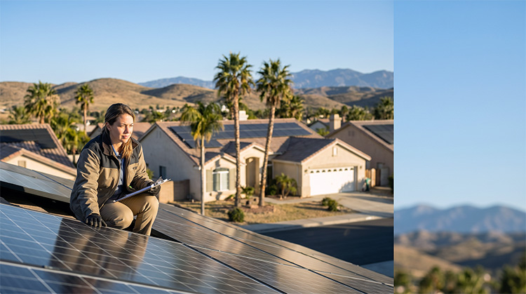 Solar installer inspecting solar panels installation on a Thousand Oaks home.